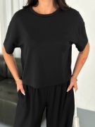 Osy Modal Yumuşak Dokulu Kumaş Bisiklet Yaka T-shirt Bol Paça Pantalon Ikili Takım -Siyah resmi